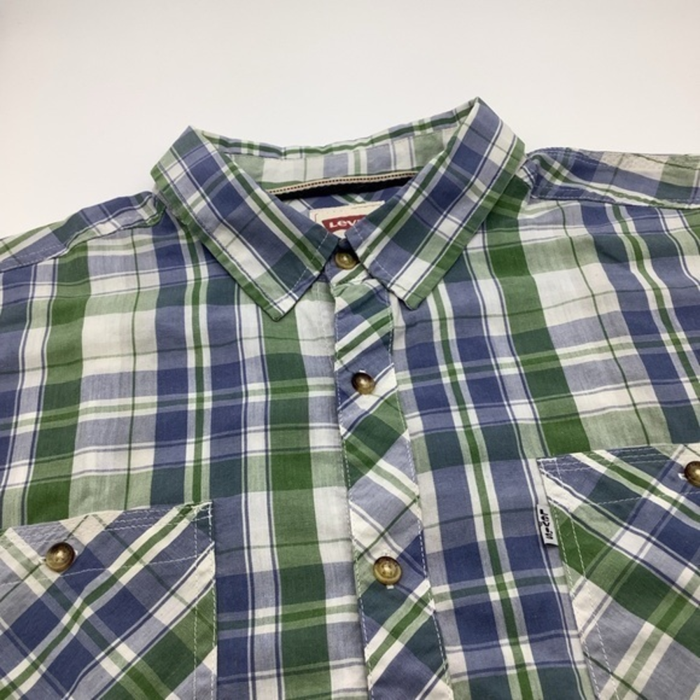 Levis Mens Plaid Blue‎ Green Short Sleeve Shirt Size XL